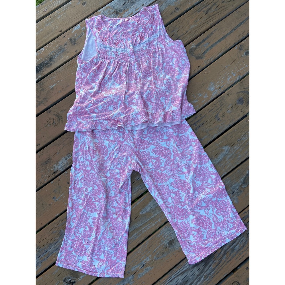 Body Touch Pink Paisley Floral Pajama Set 2X Sleeveless Lace Trim Ruffle Hem 2pc